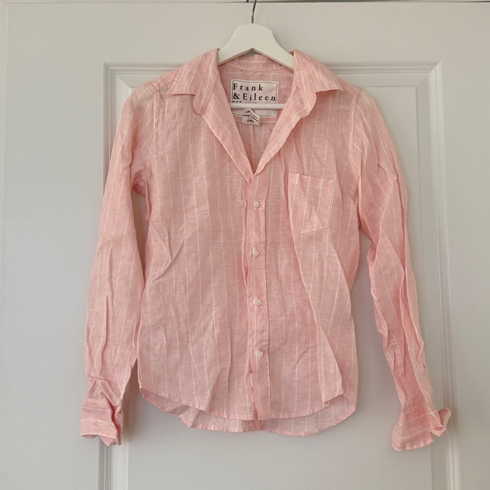 FRANK & EILEEN BARRY 100% LINEN PINK WHITE STRIPED BUTTON UP SHIRT XS